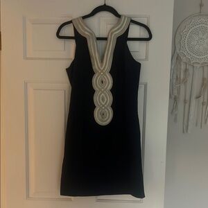 Elegant Navy Dress with Cream Accents